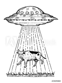 Bild på UFO kidnaps the cow engraving style vector